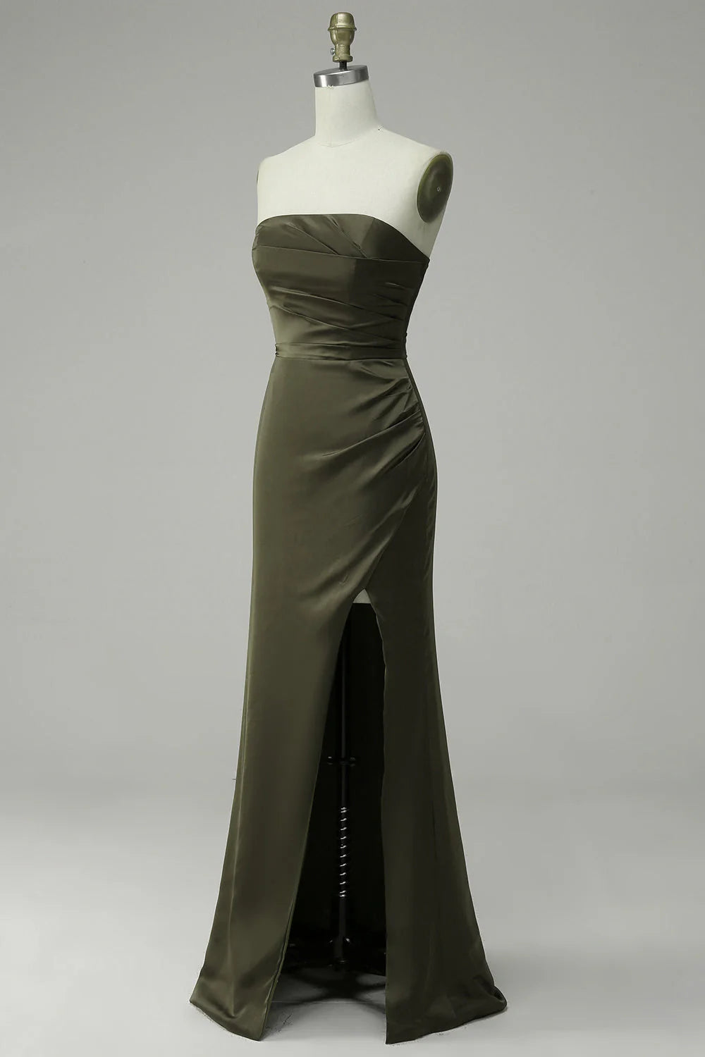 Green Strapless Satin Prom Dress with Slit
